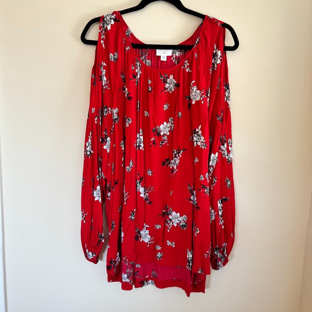 J. Jill Cold Shoulder Blouse Red Floral High Low Hem Pullover Long Sleeve Sz 3X